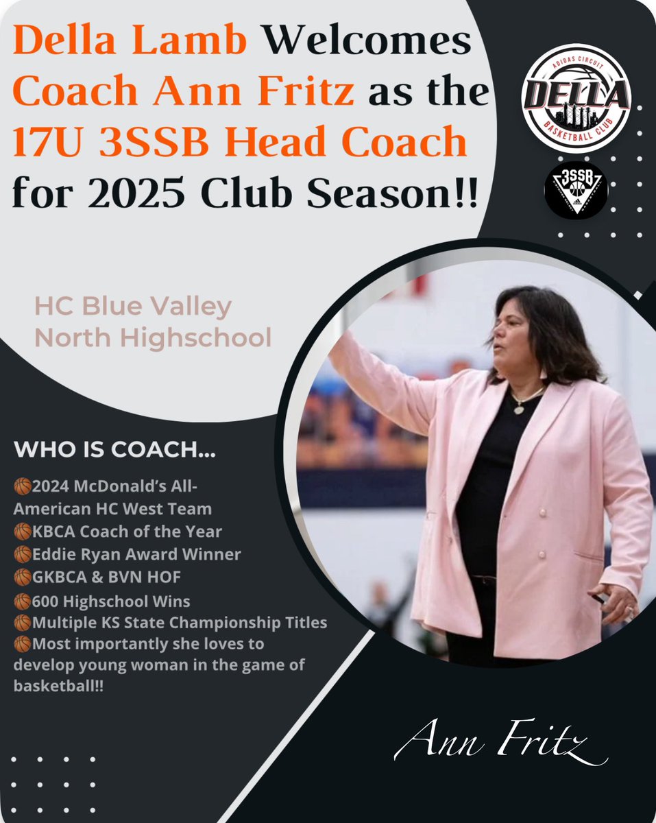 17U3SSBDELLA's tweet photo. DELLA 17U 3SSB is EXCITED to welcome 🏀COACH ANN FRITZ 🏀 for the 2025 Club Season!!!

✨✨✨✨✨✨✨✨✨✨✨✨✨✨

@coachfritz 
@dellalamb_bball 
@3SSBGCircuit 
@espnW 
@PrepGirlsHoops 

✨✨✨✨✨✨✨✨✨✨✨✨✨✨

LET’s GO!!!!!!!!! https://t.co/uW4nq6efMS