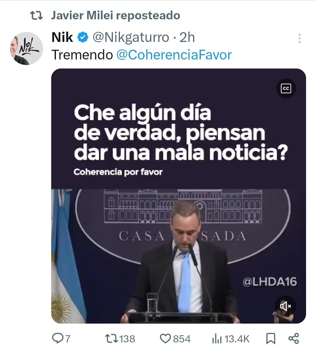 Adorni, Nik, Coherencia por favor y Milei. Es como una mamushka de tarados en un tuit.