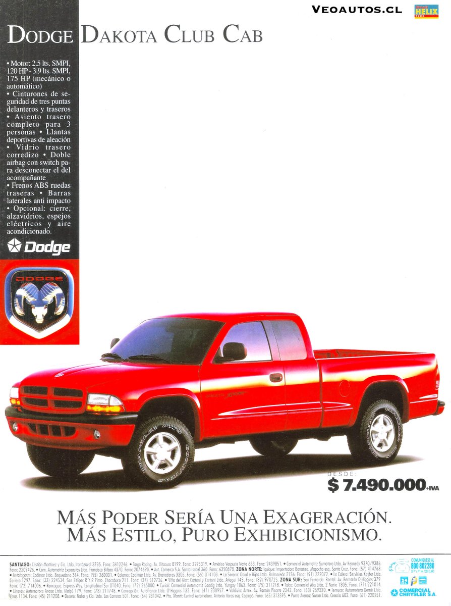 VeoAutos's tweet photo. Dodge Dakota 2da G Club Cab Estreno Chile 1997 Ingresa en 15 versiones motores 2.5L 4L (120 HP) 3.9L V6 (175 HP) y 5.2L V8 (230 HP), año que cerrará con 650 unidades vendidas
+ Info https://t.co/fCufKwl7Uk
#dodgedakota #clubcab @Dodge @addict_car @thecarfactoids @RiveraNotario https://t.co/cqeCiAwrl7