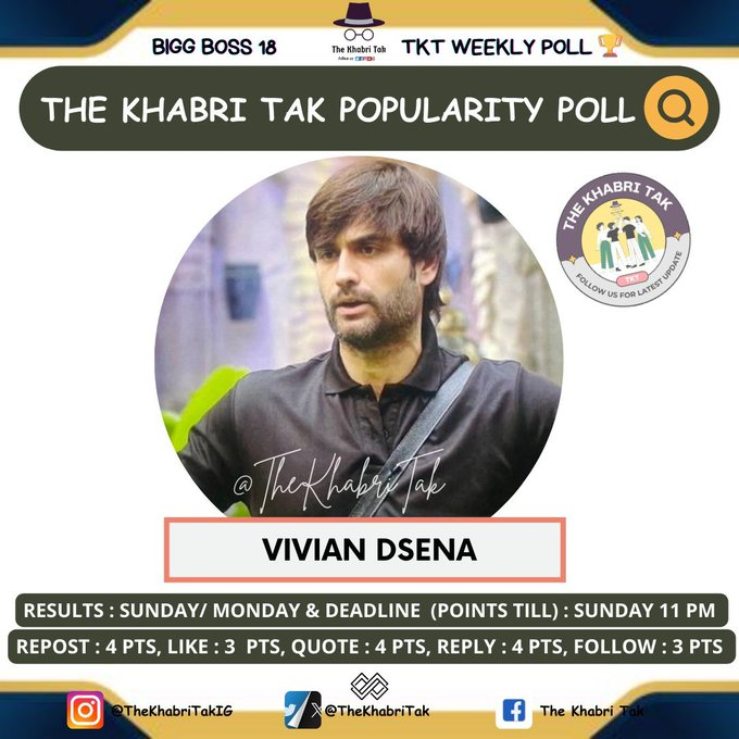 The Khabri Tak (@thekhabritak) on Twitter photo POPULARITY POLL : WEEK - 6
- Retweetπ
- Likeβ€οΈ
- Quote with Contestant Hashtag
- Comment with Contestant Hashtag
#BiggBoss #BB18 #BiggBoss18 #VivianDsena
<a href="/TheKhabriTak/">The Khabri Tak</a> | <a href="/VivianDsena01/">Vivian Dsena</a> POPULARITY POLL : WEEK - 6
- Retweetπ
- Likeβ€οΈ
- Quote with Contestant Hashtag
- Comment with Contestant Hashtag
#BiggBoss #BB18 #BiggBoss18 #VivianDsena
<a href="/TheKhabriTak/">The Khabri Tak</a> | <a href="/VivianDsena01/">Vivian Dsena</a>