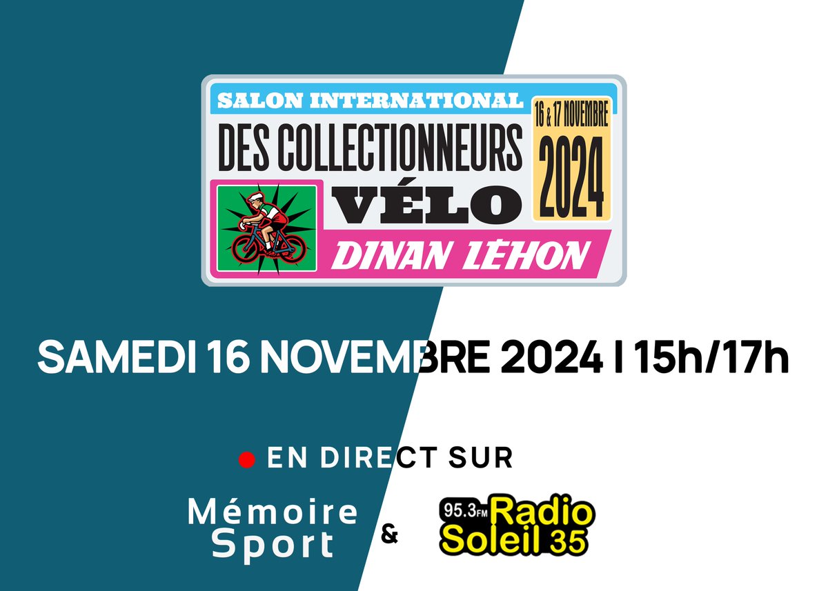 MémoireSport (@memoiresport) on Twitter photo 🚴♂️#Cyclisme | Le Salon International des Collectionneurs Vélo de #Dinan est à suivre en direct ce samedi 16 novembre entre 15 et 17 heures sur <a href="/MemoireSport/">MémoireSport</a> et <a href="/radiosoleil35/">Radio Soleil 35</a>
Un événement à vivre ici > memoiresport.com/salon-des-coll… 🚴♂️#Cyclisme | Le Salon International des Collectionneurs Vélo de #Dinan est à suivre en direct ce samedi 16 novembre entre 15 et 17 heures sur <a href="/MemoireSport/">MémoireSport</a> et <a href="/radiosoleil35/">Radio Soleil 35</a>
Un événement à vivre ici > memoiresport.com/salon-des-coll…