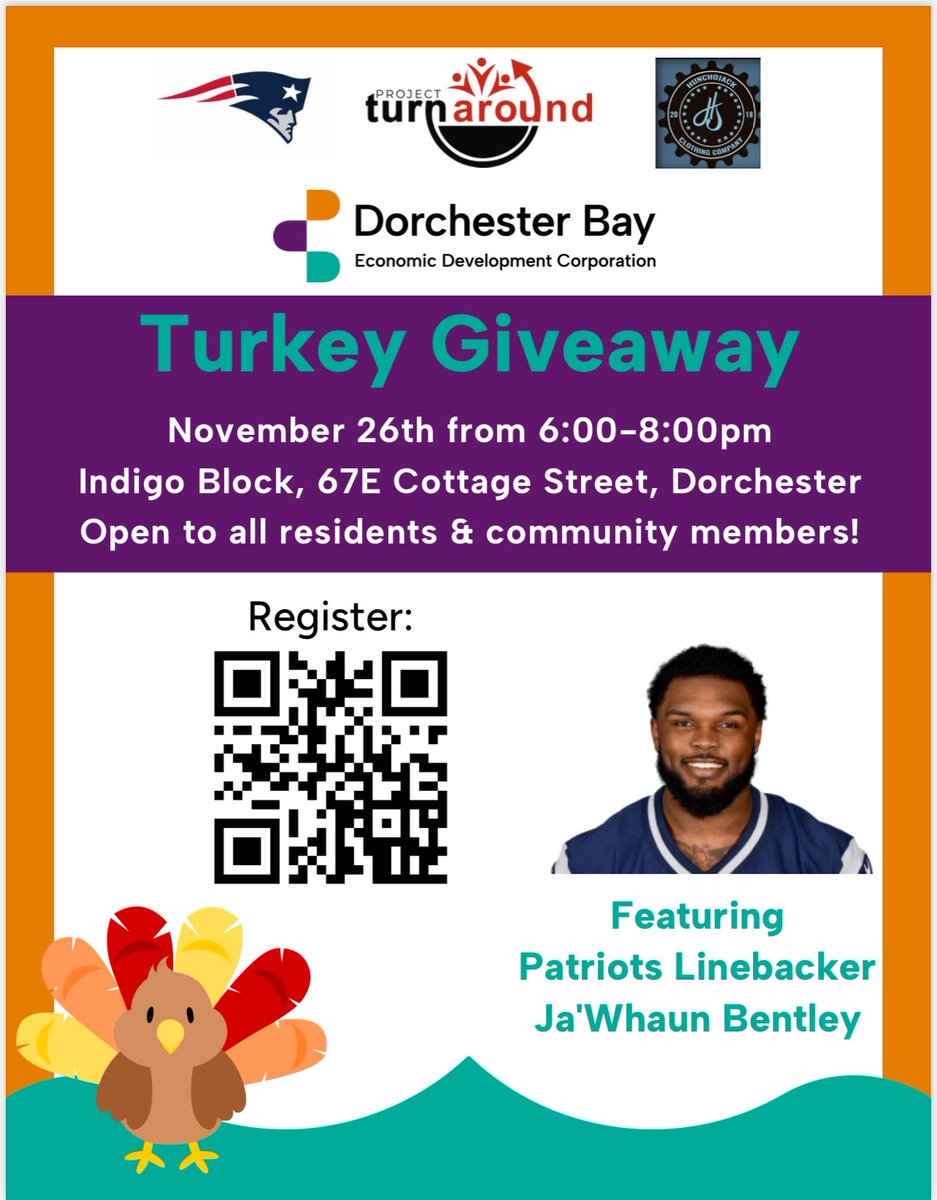 Register for our turkey giveaway w/ NE Patriots Ja’ Whaun Bentley. Pick up 11/26 #BostonMA