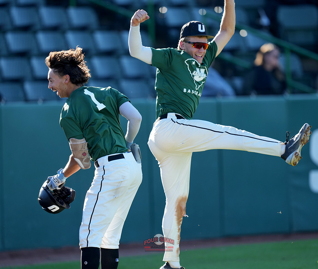 Right fielder Wylie Waters (1) of the USC Upstate Spartans Green Team celebrates his home run with Alex Ritzer, right, in Game 3 of the intrasquad Fall World Series on Friday, November 15, 2024, at Cleveland S. Harley Park in Spartanburg, S.C. (Tom Priddy/Four Seam Images)