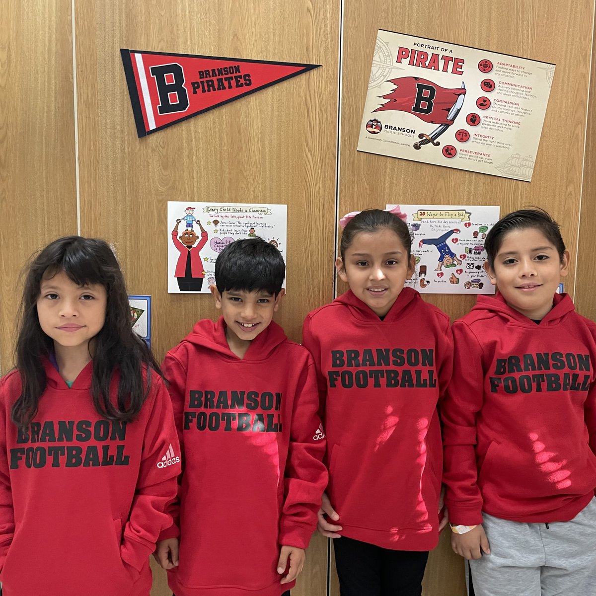 “We have spirit, yes we do! We have spirit! How about you?” 🖤🏈❤️🏴‍☠️ CRE came to school ready to cheer on the Branson Pirate Football team in the District Championship game. #DreamItDoIt #WeAreBranson #PiratesInTraining