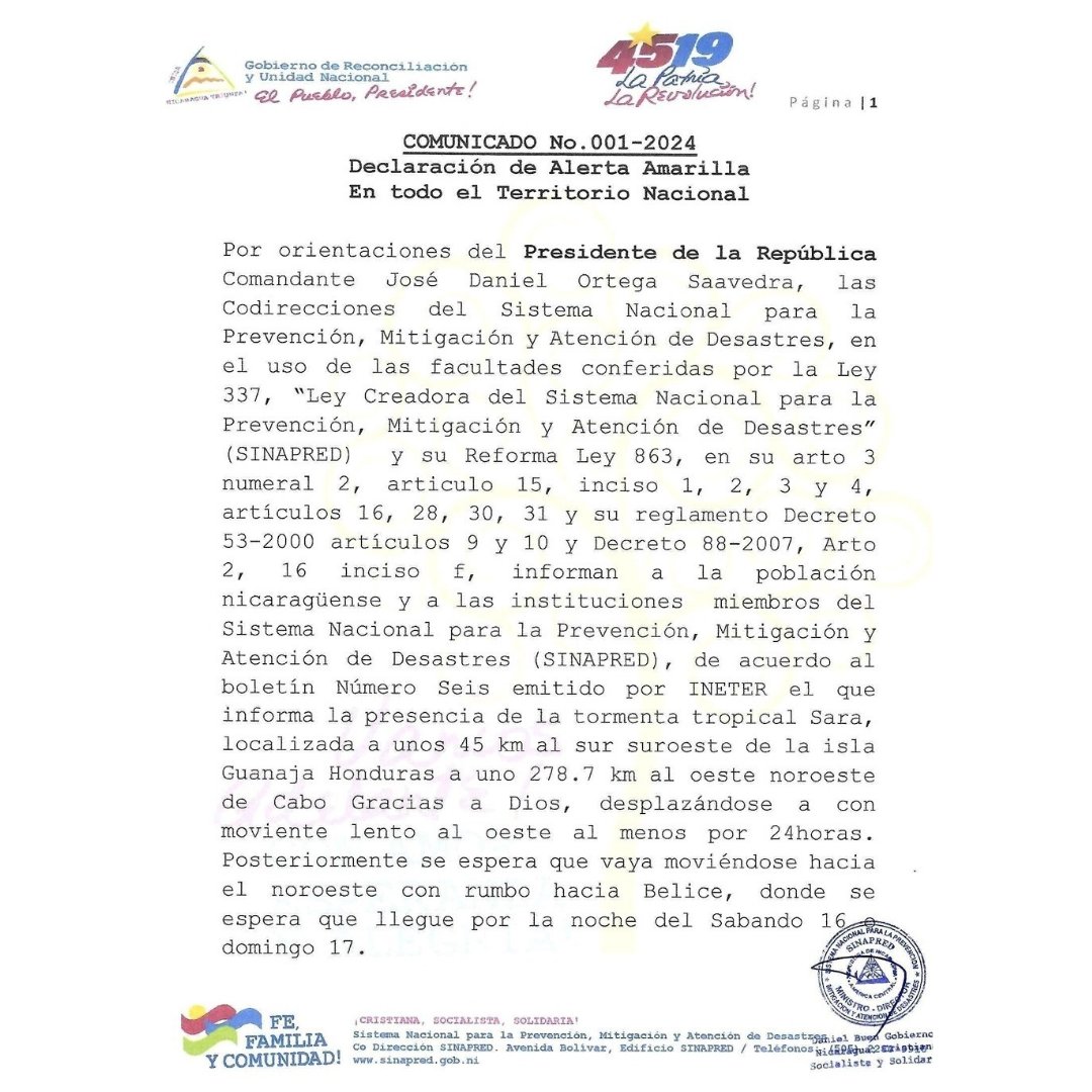 ExtraplusTV's tweet photo. ⚠️ #ultimahora | NICARAGUA EN ALERTA AMARILLA

🟡 Gobierno de Nicaragua puso en alerta a todos los sistemas de prevención, desde el comunitario hasta el nacional para preservar la vida ante #TormentaTropicalSara
  https://t.co/VvlAksuvpG https://t.co/8TbbUDLpnB