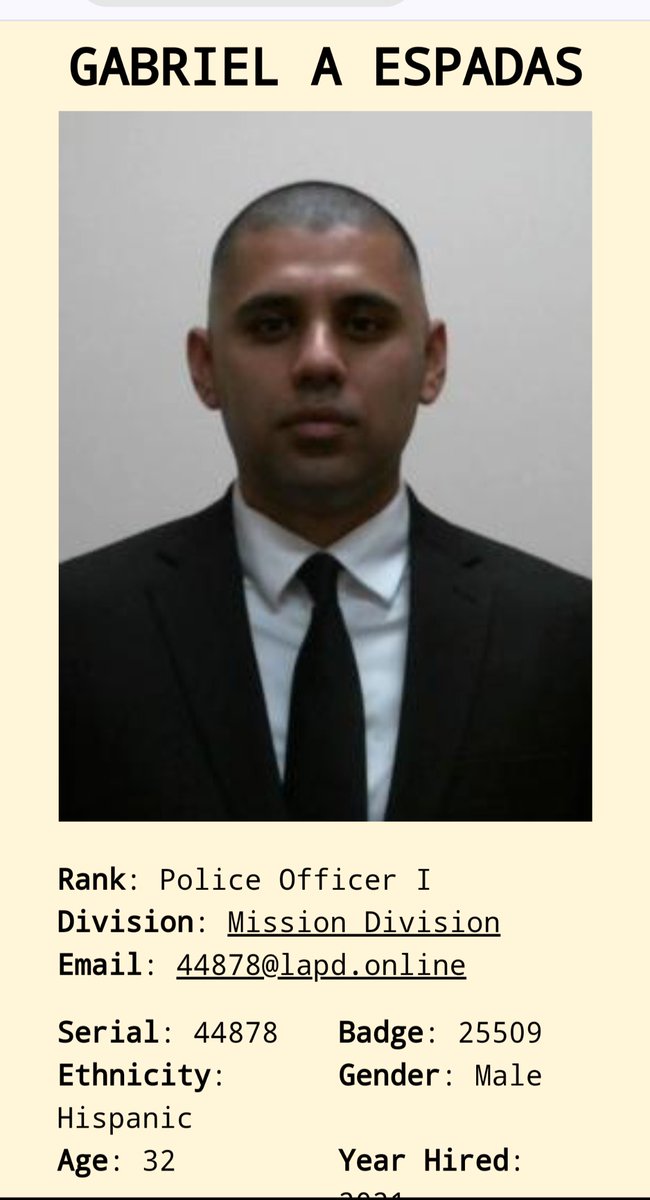WhosThatCop's tweet photo. Meet ex-LAPD rapist rookie GABRIEL ANTHONY ESPADAS.

Espadas had a women 5150'd, and upon her release coerced her into sex.

Chief McDonald's LAPD doesn't think this counts as sexual assault and keeps Espadas's records sealed. https://t.co/Di1htJGF57
