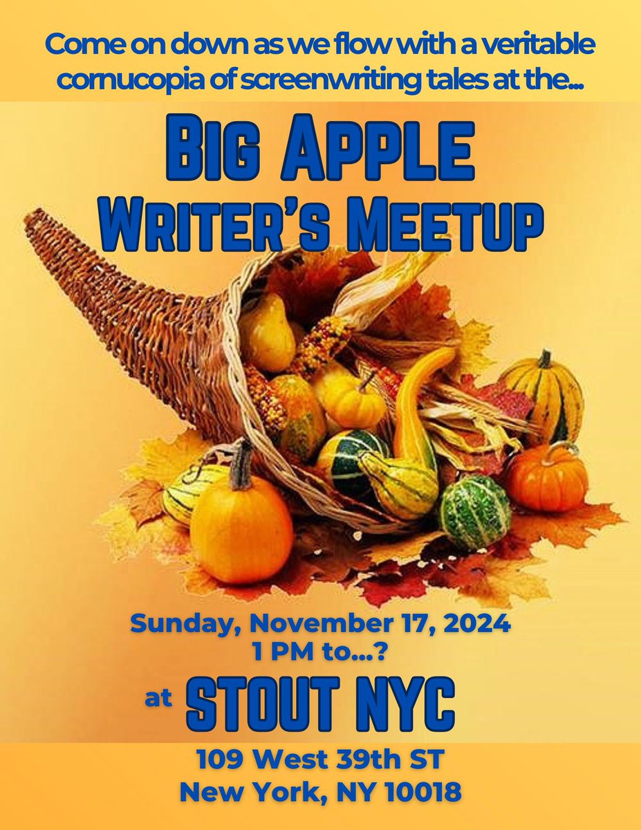 I expect to be off this hellsite by the time the December #BigAppleWritersMeetup rolls around, so this may be the last time you see me post a flyer here. 

I hope those who have yet to make the leap to bluer skies come down and join us. (I have the same user name there.)