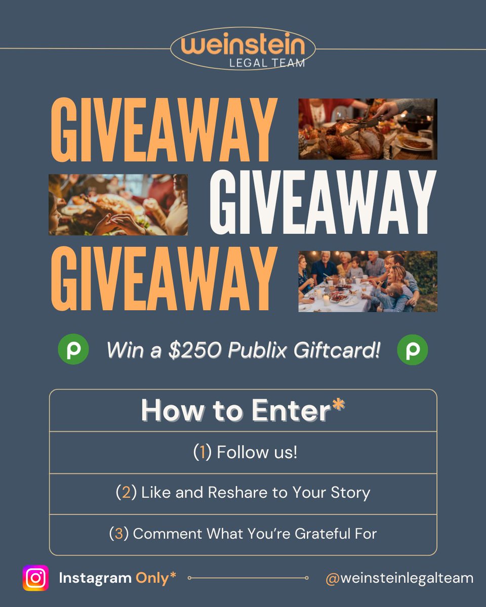 Weinstein_Legal's tweet photo. 🦃 Thanksgiving Giveaway! 🦃 We’re giving away a $250 Publix gift card on Instagram to say THANK YOU to our amazing community! 🌟
Want to win? Visit @weinsteinlegalteam for details on how to enter. Let’s make this Thanksgiving special! 🎉🍁
#Thanksgiving #Giveaway #Community https://t.co/yskcK20rkv