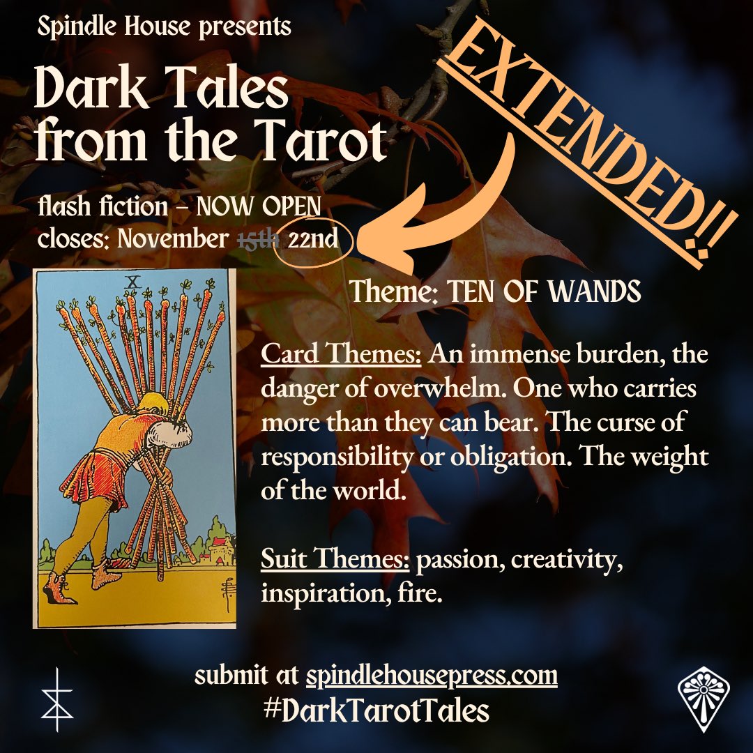 Submission call EXTENDED!!

We intended to close this call today, but we simply don’t have enough submissions. Got something in the hopper? Send it our way!

- Flash fiction horror (&lt;1,000 wd) fitting the themes
- Winner gets online publication and $10

spindlehousepress.com/submissions/ta…
