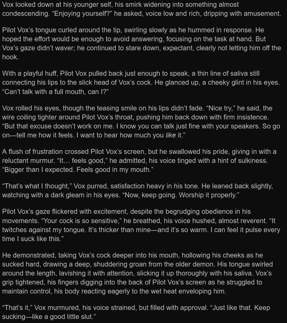LylacRaeven's tweet photo. I caved and decided to write something for #bottomvoxweek after all, since Day 6 (Glitching | Overstimulation) is very fitting for my #voxcest WIP 😏 I couldn't finish it on time, but here's a little sneak peek of what's about to come! 🤫 https://t.co/oYEWe1V8hH