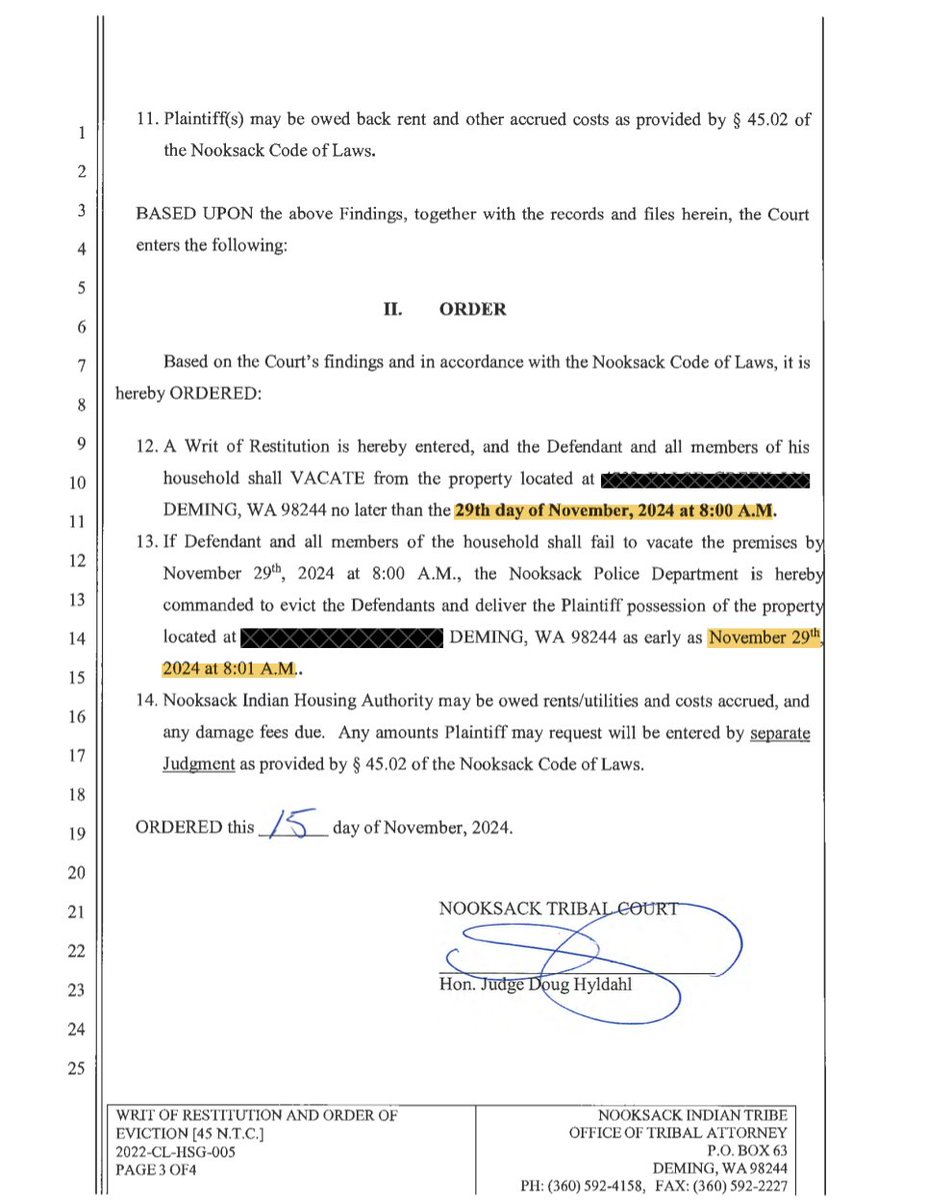 nooksack306's tweet photo. If you don't believe @NooksackTribe would be so cruel as to evict our Elders over Thanksgiving, please read it for yourself. If they do not vacate by 8:00 AM the Friday after Thanksgiving, Tribal cops are ordered to evict them and "deliver" their homes to the tribe by 8:01 AM. https://t.co/tSQ5S1gggO