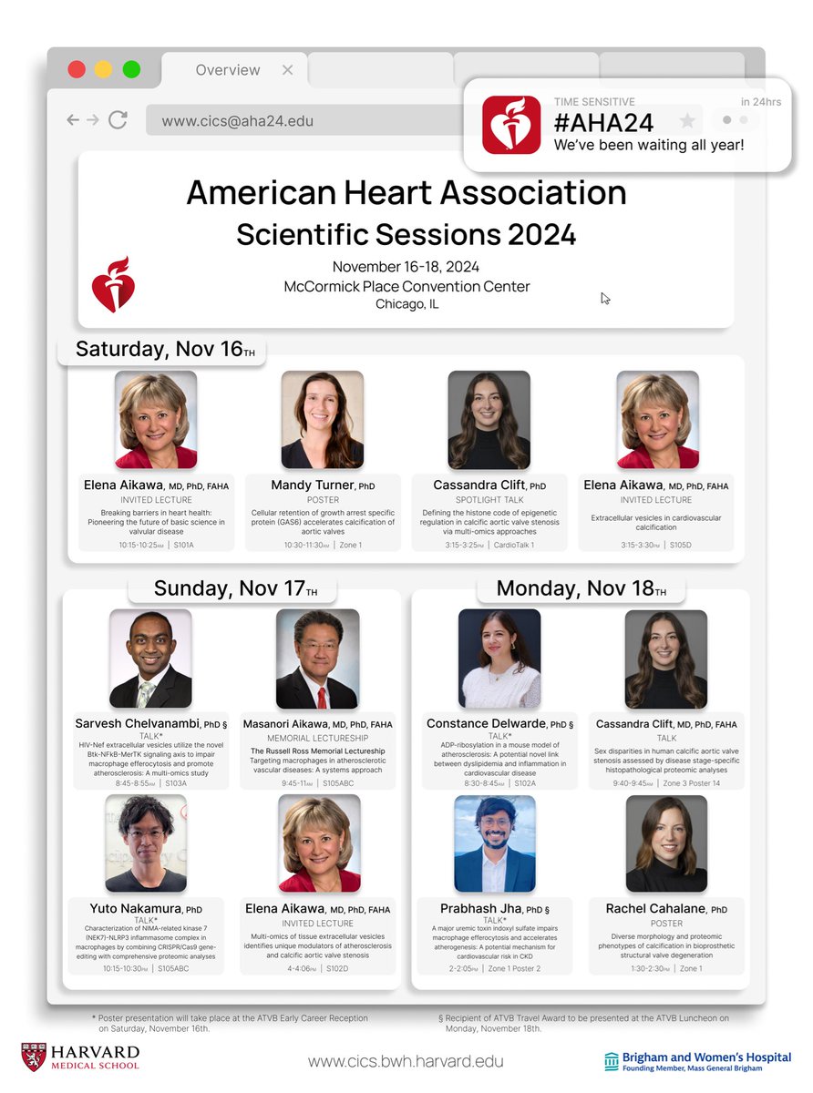 Brigham and Women’s CICS (@cicsnews) on Twitter photo Headlined by our directors <a href="/aikawa_masanori/">Masanori Aikawa</a> and <a href="/AikawaElena/">Elena Aikawa</a>; there will be a strong contingent from CICS attending #AHA24 . There will be awards, presentations and networking. <a href="/ATVBCouncil/">ATVB Council</a> <a href="/bwhcvls/">Brigham and Women’s Cardiovascular Life Science</a> <a href="/harvardmed/">Harvard Medical School</a> <a href="/MassGenBrigham/">Mass General Brigham</a> <a href="/MassGeneralNews/">MassGeneral News</a> Headlined by our directors <a href="/aikawa_masanori/">Masanori Aikawa</a> and <a href="/AikawaElena/">Elena Aikawa</a>; there will be a strong contingent from CICS attending #AHA24 . There will be awards, presentations and networking. <a href="/ATVBCouncil/">ATVB Council</a> <a href="/bwhcvls/">Brigham and Women’s Cardiovascular Life Science</a> <a href="/harvardmed/">Harvard Medical School</a> <a href="/MassGenBrigham/">Mass General Brigham</a> <a href="/MassGeneralNews/">MassGeneral News</a>