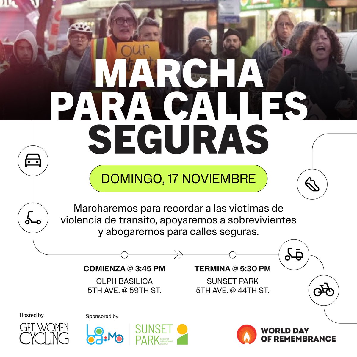 GetWomenCycling's tweet photo. On World Day of Remembrance, we march for safe streets &amp; to honor the lives lost in traffic collisions. 4 years strong 💪🏼 our community march demands safe passage for all. Together, we can make our streets safer! 💛 Join us! #SafePassage #WDoR2024 #SunsetPark #OneRoadManyChoices https://t.co/g7CxlUuHQB