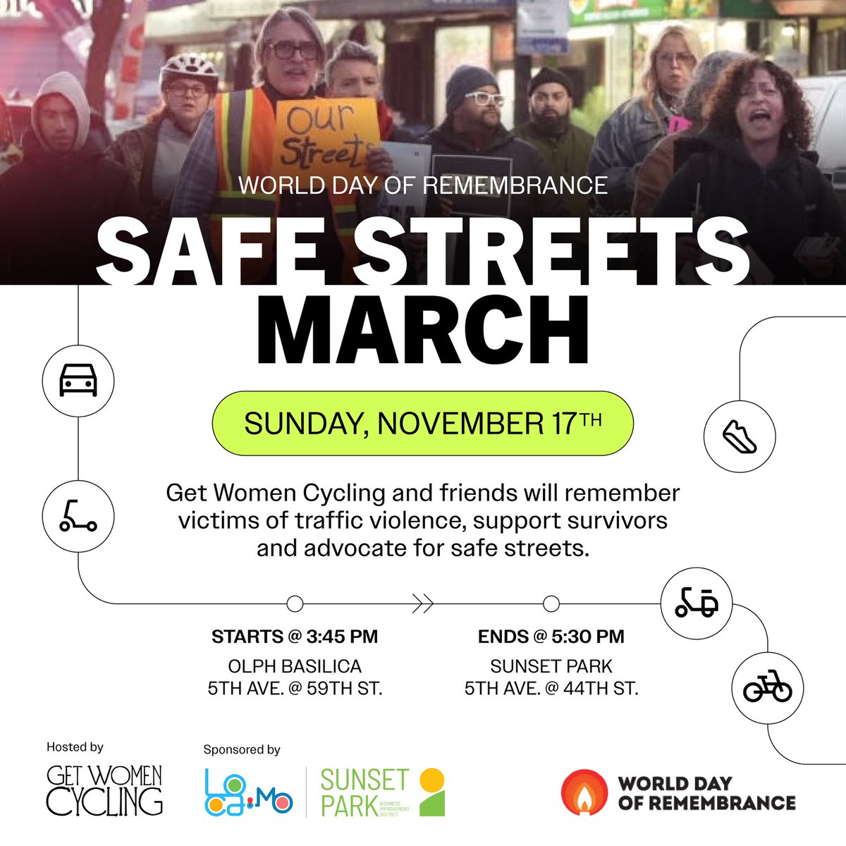GetWomenCycling's tweet photo. On World Day of Remembrance, we march for safe streets &amp; to honor the lives lost in traffic collisions. 4 years strong 💪🏼 our community march demands safe passage for all. Together, we can make our streets safer! 💛 Join us! #SafePassage #WDoR2024 #SunsetPark #OneRoadManyChoices https://t.co/g7CxlUuHQB