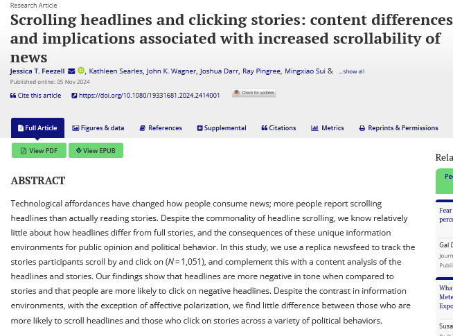 Journal of Information Technology & Politics (@jitp_apsa) on Twitter photo This study finds that higher click ratios on news stories 📰 have no correlation with higher political knowledge or participation, but do predict lower levels of affective political polarization.
<a href="/UNMPoliSci/">UNM - Department of Political Science</a> <a href="/UofSC/">University of South Carolina</a> @NewhouseSI <a href="/ManshipSchool/">LSU Manship School of Mass Communication</a> <a href="/UABNews/">UAB</a>
➡️tandfonline.com/doi/abs/10.108… This study finds that higher click ratios on news stories 📰 have no correlation with higher political knowledge or participation, but do predict lower levels of affective political polarization.
<a href="/UNMPoliSci/">UNM - Department of Political Science</a> <a href="/UofSC/">University of South Carolina</a> @NewhouseSI <a href="/ManshipSchool/">LSU Manship School of Mass Communication</a> <a href="/UABNews/">UAB</a>
➡️tandfonline.com/doi/abs/10.108…