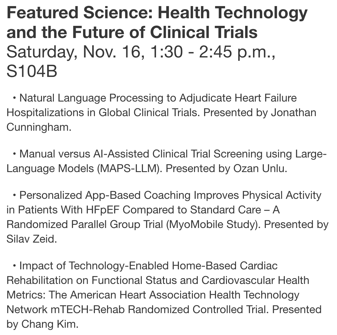 Jon Cunningham (@jonwcunningham) on Twitter photo Join us for #AHA2024 LBCT / Featured Science on Health Tech & Clinical Trials tomorrow
Looking forward to sharing our work on natural language processing for event adjudication in DELIVER trial
And learning from <a href="/rohan_khera/">Rohan Khera</a> <a href="/AlexisLBeatty/">Alexis Beatty</a> @KPHeartDoc <a href="/OzanUnluMD/">Ozan Unlu</a> and panel Join us for #AHA2024 LBCT / Featured Science on Health Tech & Clinical Trials tomorrow
Looking forward to sharing our work on natural language processing for event adjudication in DELIVER trial
And learning from <a href="/rohan_khera/">Rohan Khera</a> <a href="/AlexisLBeatty/">Alexis Beatty</a> @KPHeartDoc <a href="/OzanUnluMD/">Ozan Unlu</a> and panel