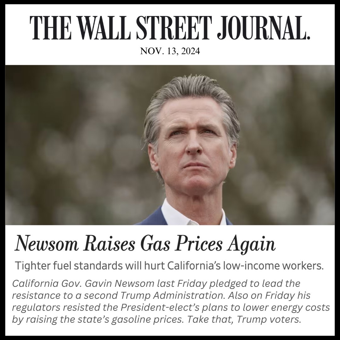 SenBrianJones's tweet photo. Get ready Californians - higher gas prices are coming.

A new regulation pushed by the Newsom Administration is expected to increase gas prices by 65 cents in 2025. Despite crippling affordability in California, the Administration pushed through the gas price hike without a care in the world about what it will do to financially struggling families.

According to a new study from USC’s Marshall School of Business, the average Californian driving a gas car will need to earn an additional $600-$1,000 in pre-tax income to “break even” with increasing gas prices due to costly regulations.

We’re being price gouged by Gavin Newsom, and it needs to stop. Repeal the regulations and take away his Administration’s power to pass more! #FixCalifornia