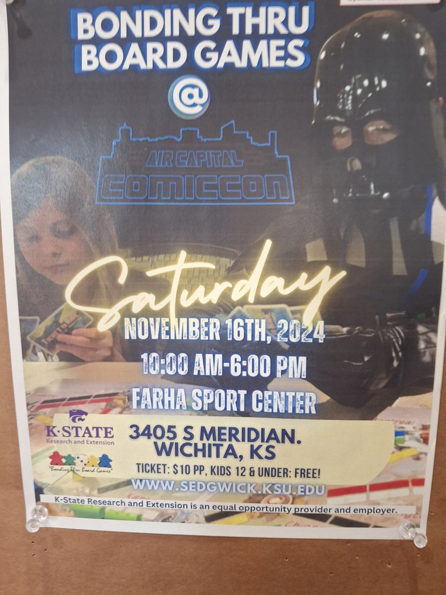 Join COMICON Bonding thru Board Games
Children under twelve are free 10:00-6:00 Saturday, November 16, at the Farha Sport Center.
What wonderful family fun!
More details are available at sedgwick.k-state.edu