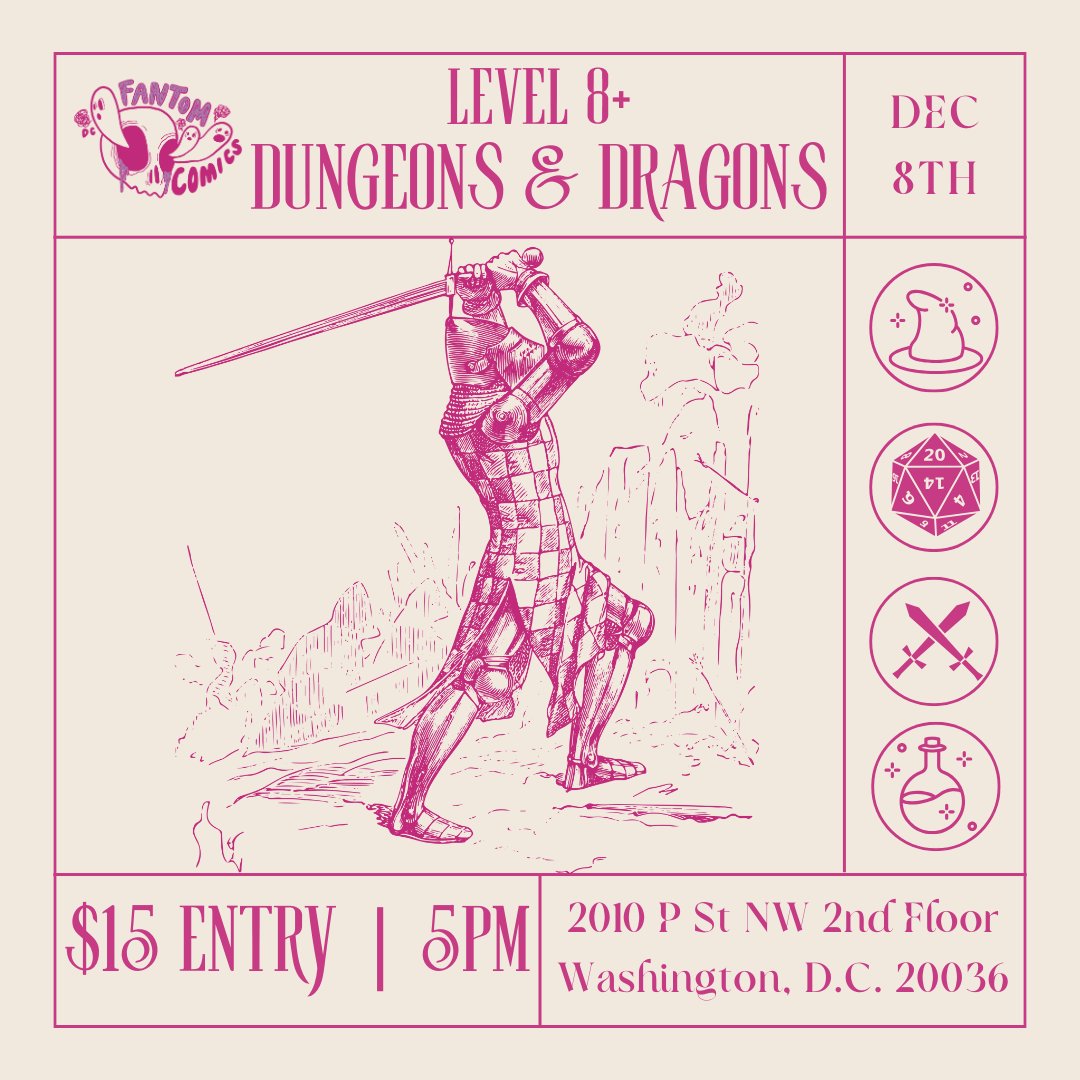 Our regular Dungeons &amp; Dragons one-shot night on December 8th at 5pm but with a new twist! Level 8 campaigns! All skill levels welcome! Recommended to bring your own character, but we can also help you create one. Get tickets here: bit.ly/48OEGpn