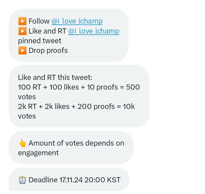 IDOLCHAMP DEAL FOR #ENHYPEN 

▶️ Follow <a href="/i_love_ichamp/">I love IdolChamp</a>
▶️ Like and RT <a href="/i_love_ichamp/">I love IdolChamp</a> pinned tweet 
▶️ Drop proofs
Like and RT this tweet:
100 RT + 100 likes + 10 proofs = 500 votes
2k RT + 2k likes + 200 proofs = 10k votes #ENVOOSTER #ENFuelUp