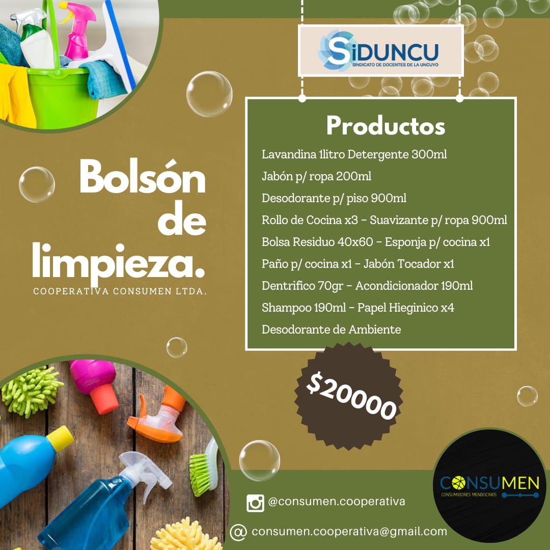 consumen_coop's tweet photo. ¡Volvemos! Por ser afiliada/o tenés acceso a estos Bolsones de Limpieza a precios increíbles. 
No te lo podes perder!!! Corre a encargarlos 🏃‍♀️🏃
Con previo pago por anticipado (excluyente), las entregas se harán el día 22 de noviembre en el local de @prensasiduncu https://t.co/088CoYrtRV
