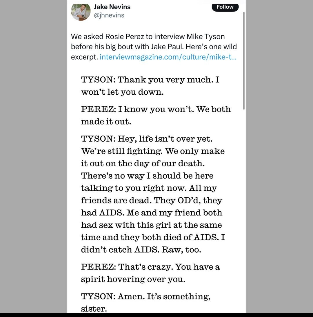 francisbabou's tweet image. Mike Tyson&apos;s survival stories are wild and sobering. From near-misses with dangerous animals to a close call with AIDS, he&apos;s seen it all. #MikeJake #tysonvspaul