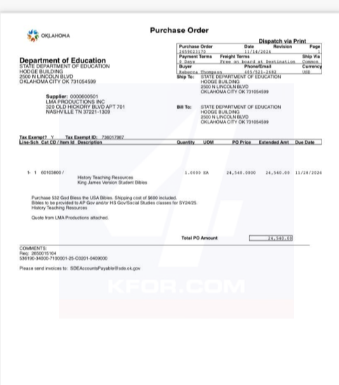 dylantbrown's tweet photo. Here it is - purchase order for just UNDER that $25,000 mark for 532 God Bless the USA Bibles from OSDE Supt. Ryan Walters. Again, state leaders have said it's that $25,000 mark that he can't go over without permission...this might be all he can do for now 🧵 https://t.co/D9V1xFLVBz