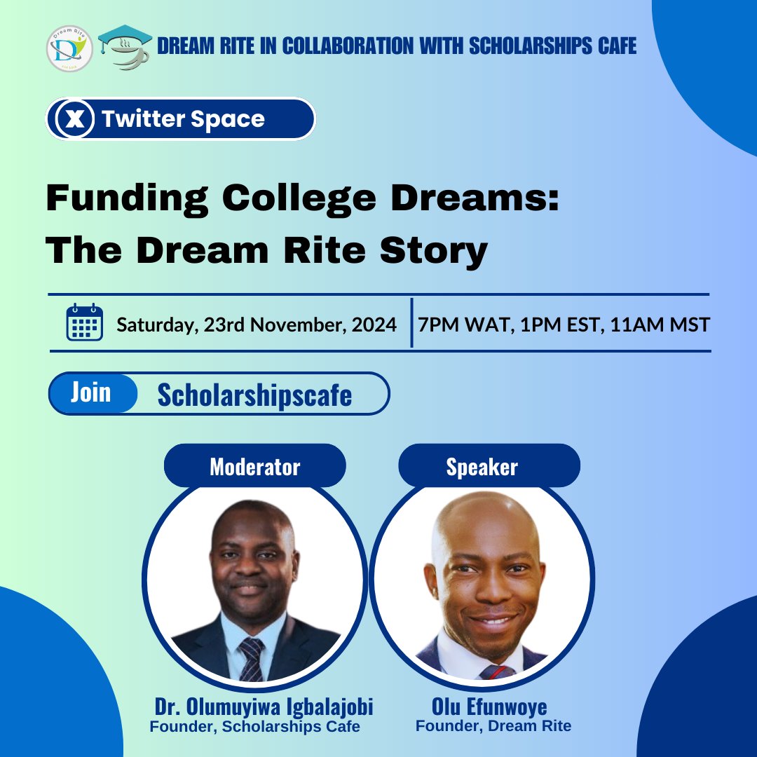 olumuyiwaayo's tweet photo. A few days ago, I came across the inspiring story of Olu Efunwoye, the founder of Dream Rite, on Adeola Fayehun’s Instagram page. Motivated by his background, Olu began supporting talented students in Africa with scholarships to help them attend college. Earlier this week, we connected, and I am thrilled to host him next Saturday on an X-Space to share his story with the community and discuss how Dream Rite has been supporting students since 2015.

Join us  via 
https://t.co/J5KpVSdJo2