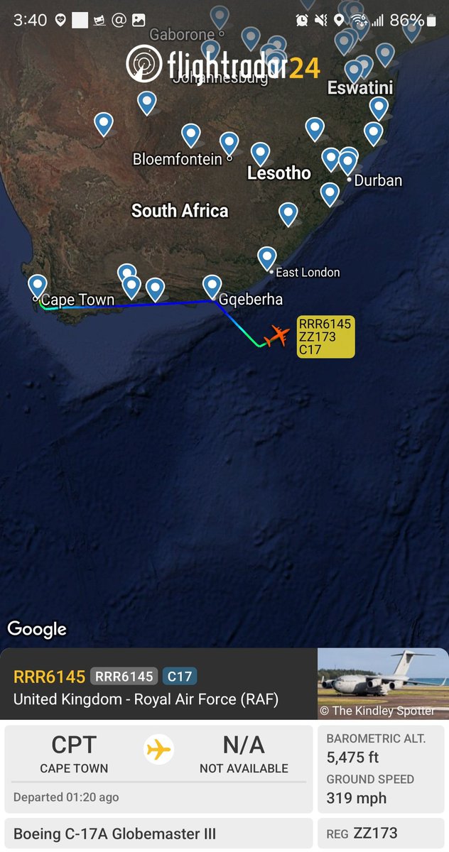 Borrowed7Time's tweet photo. UK RAF C-17A ZZ173 #43C173 as RRR6145 departed Cape Town, tracked E &amp; then S, descending to 5475 ft.
@Dinlas3 @deanwingrin @darren_olivier @sipjack1776 https://t.co/j0glElrxyB