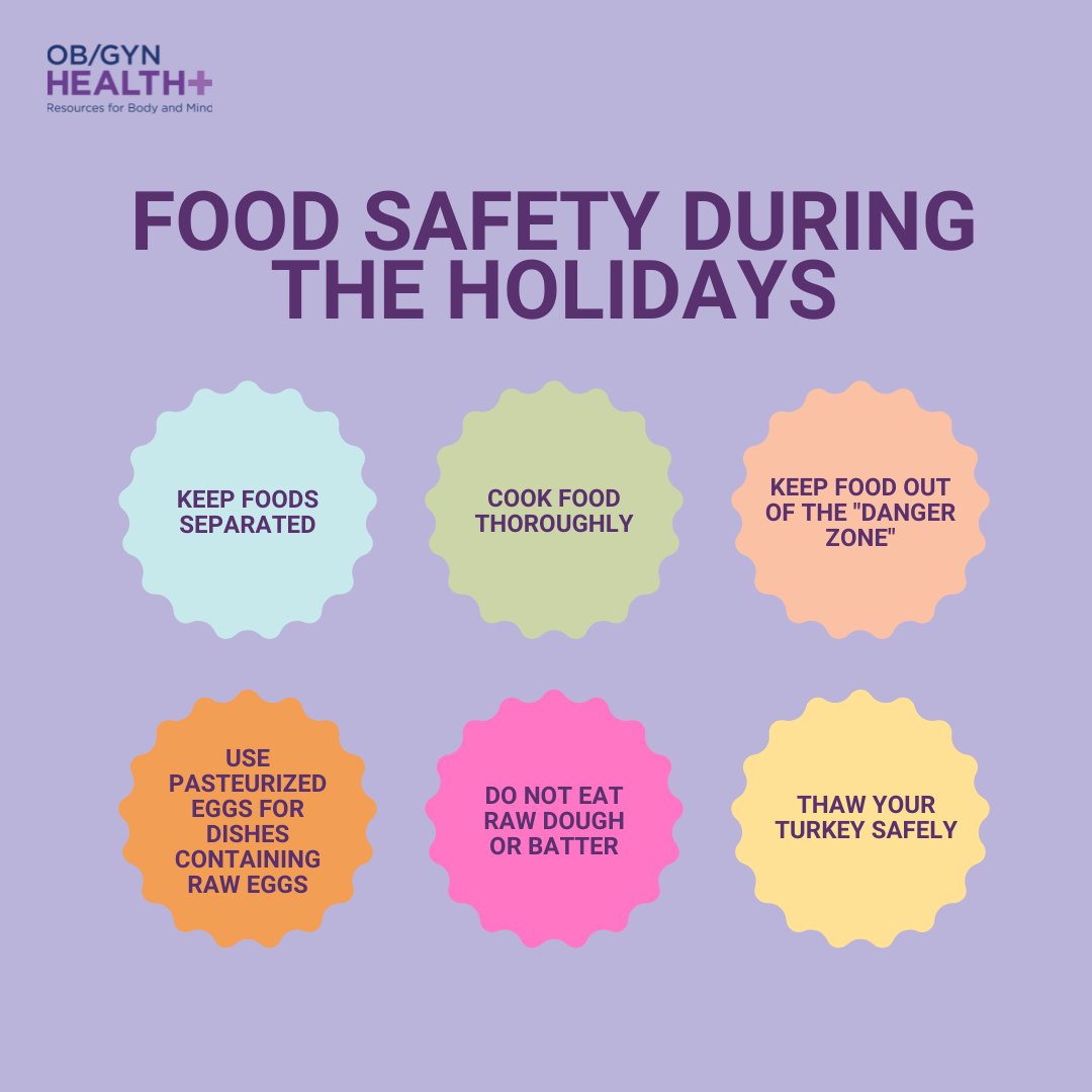 OBGYNHealthPlus's tweet photo. Feasting with family and friends is an important part of the holiday season. To  ensure your celebrations remain joyful and free of foodborne illness, follow these essential food safety tips:

✅ Separate Foods
✅ Cook Thoroughly
✅ Avoid the Danger Zone
✅ Thaw Safely https://t.co/urRD6XOJVV