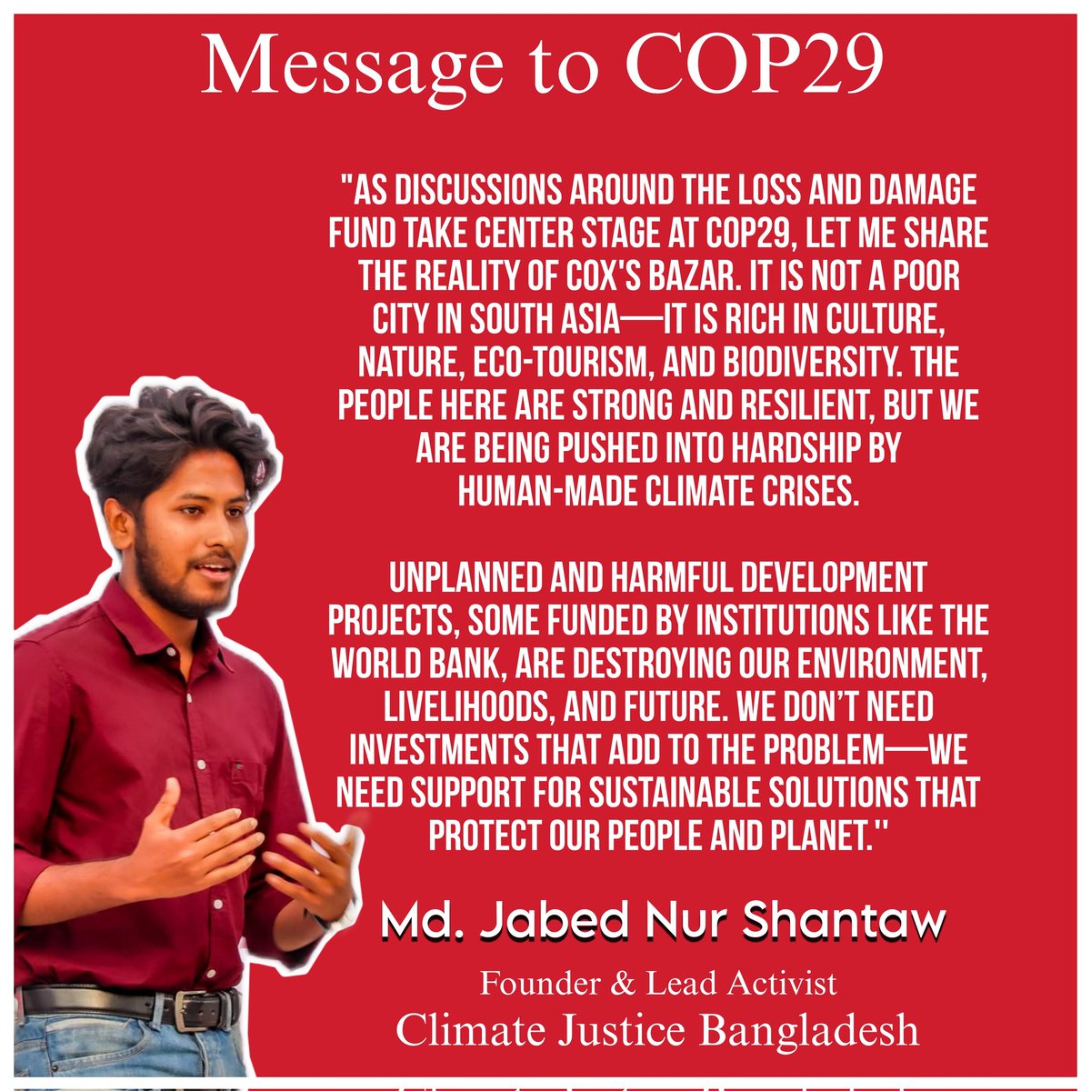 Message to COP29

<a href="/GretaThunberg/">Greta Thunberg</a> <a href="/COP29_AZ/">COP29 Azerbaijan</a> <a href="/WorldBank/">World Bank</a> <a href="/youngo_unfccc/">YOUNGO</a> <a href="/UNICEFROSA/">UNICEF South Asia</a> <a href="/Yunus_Centre/">Muhammad Yunus</a>