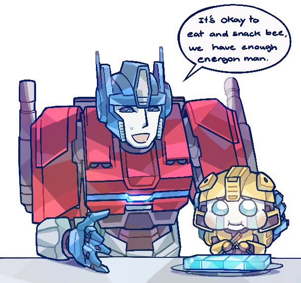 Optimus encouraging Bee to eat instead of hoard :)