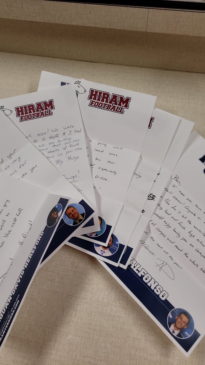Thank you <a href="/Coach_Mro/">Coach Mro</a> <a href="/CoachO_Rourke/">Joseph O'Rourke</a> <a href="/Coach_Warren1/">Haydn Warren</a> <a href="/CoachDBrumbaugh/">Davis Brumbaugh</a> <a href="/Coach_Niles/">Tanner Niles</a> <a href="/CoachTdalf/">Tyler D'Alfonso</a> <a href="/HerefordDavis/">Coach RaeMoney</a> <a href="/Hiram_Football/">Hiram College Football</a> for all the hand written letters! <a href="/CWinter1224/">Chris Winter</a> <a href="/OE_Football1/">Coach Long</a>