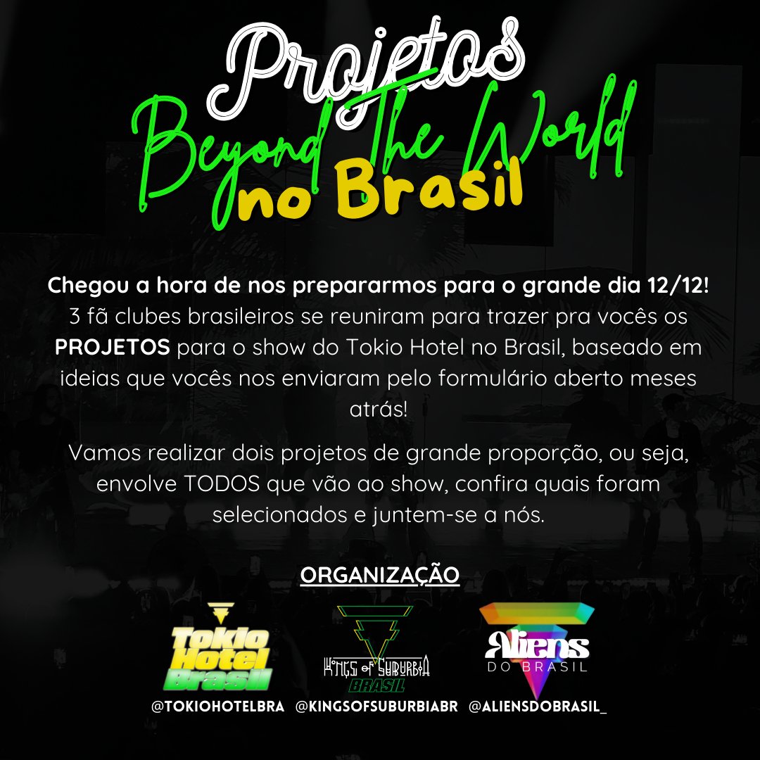 🇧🇷 TÁ CHEGANDO O GRANDE DIA! 

E CHEGOU A HORA DE REVELARMOS OS PROJETOS DO SHOW DO TOKIO HOTEL!

E 3 fã clubes brasileiros da banda se reuniram para esse momento tão especial ficar AINDA MAIS especial!

São os projetos que vocês nos deram a ideia e que nós escolhemos para