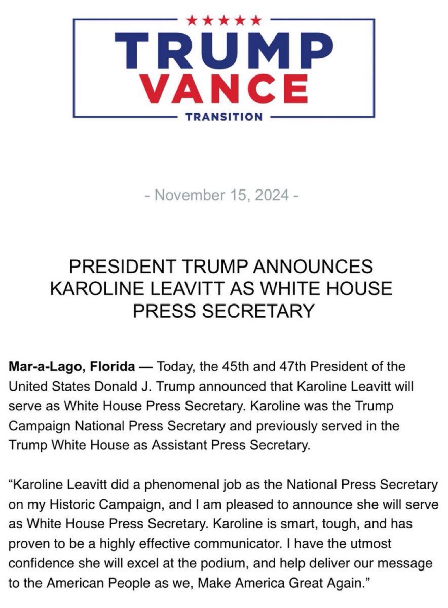 charliekirk11's tweet image. 🚨BREAKING: President Trump has selected Karoline Leavitt as the next White House Press Secretary.

Excellent choice. She’s tough, fair, and knows how to keep the dishonest press in check.

Congratulations @kleavittnh!!