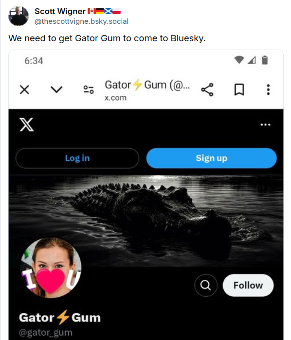 wyldcdn's tweet photo. @gator_gum I agree.
If you happen to reply to this I probably won't be back on soon.
Just joined bluesky and I was looking for you there. https://t.co/kYMr0uM782