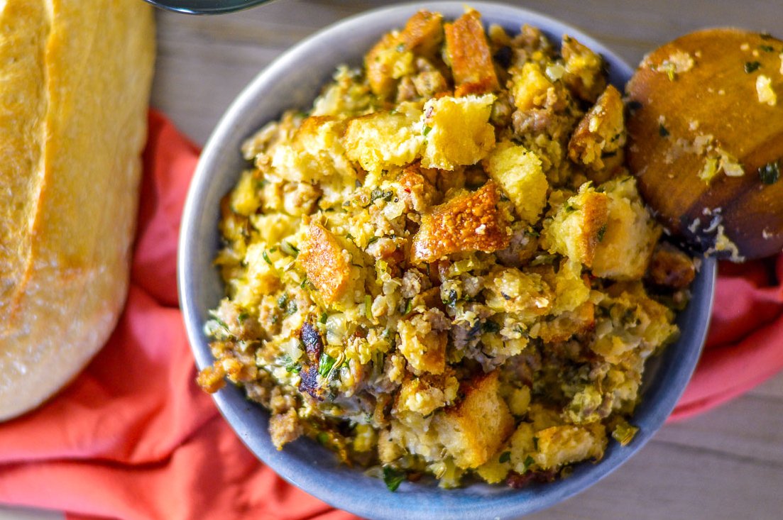 WholeMadeLiving's tweet photo. Looking for a new stuffing for your holiday feast? Forget the boxed stuff and impress your family &amp; friends with this sourdough bread stuffing with sausage &amp; herbs.  Adults and kids will love it! 
#Thanksgiving #holidaycooking #sourdoughsavory
https://t.co/yxPILAo4Tc https://t.co/Yi1ELyXYlQ