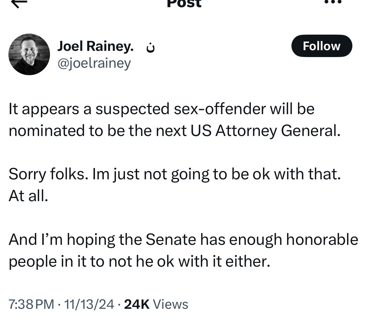 Just checked and Pastor Rainey has never posted a single word about credible sexual assault allegations against Joe Biden, or the record of possible sexual abuse contained in his daughter’s diary. Maybe he only objects to such allegations against attorneys general?

Again, if