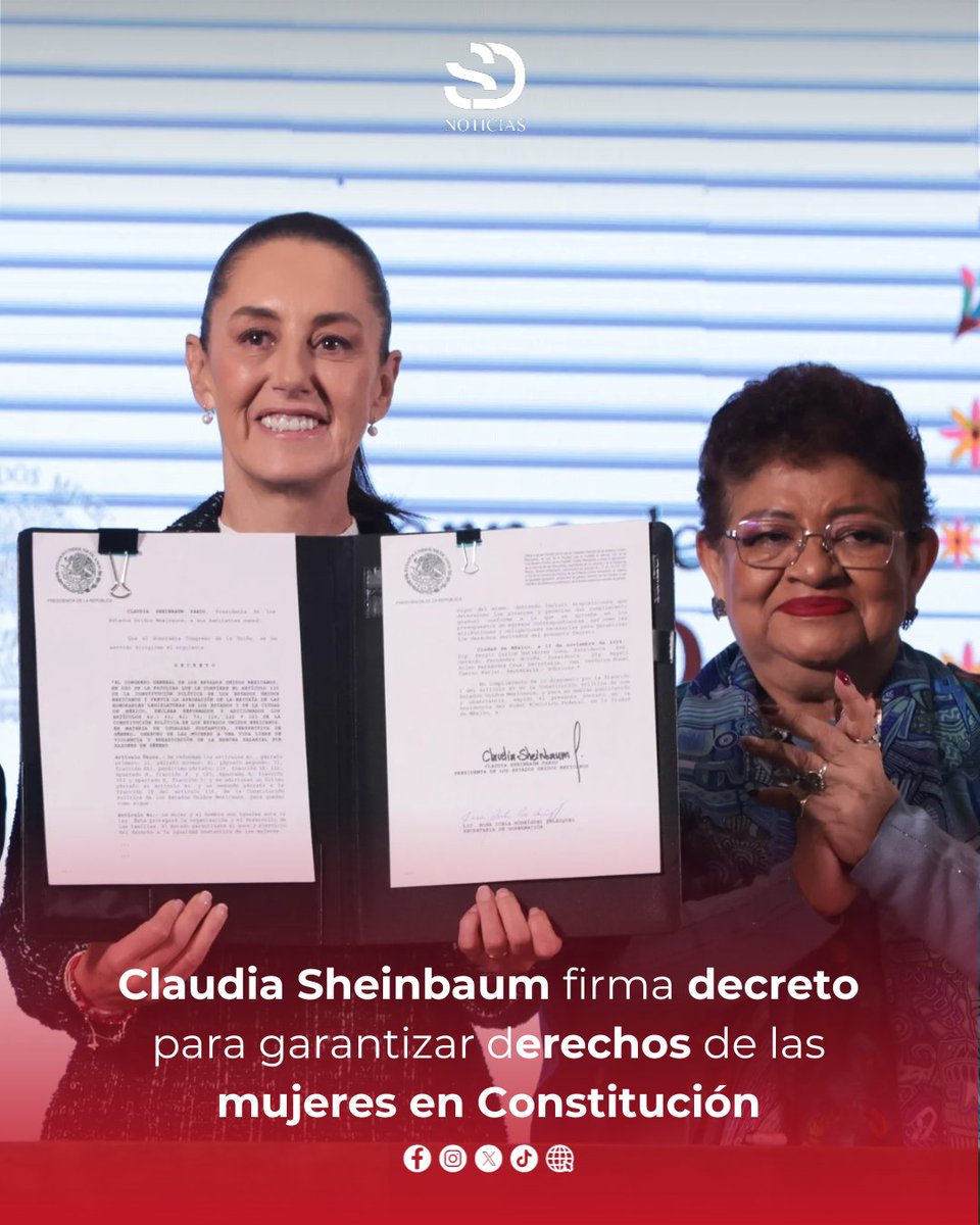 _sdnoticias's tweet photo. 🚨#NACIONAL | La #Presidenta Claudia #Sheinbaum firma reformas constitucionales para garantizar la #igualdad de #género, combatir la #violencia y reducir la brecha salarial. https://t.co/sWppxGZWa7