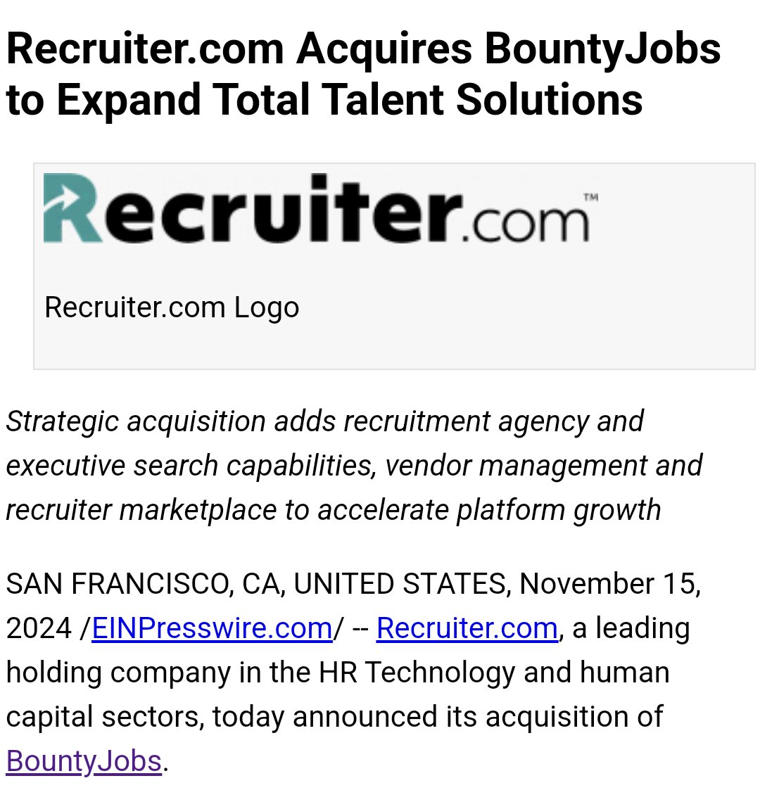 JesseTinsley's tweet photo. Really excited to announce our acquisition of @bountyjobs!!

BountyJobs was one of the first places I did contingent search when I first started my career and I'm thrilled to bring them into the @RecruiterDotCom portfolio of companies.

Bounty's contingent workforce solutions combined with our offerings of EOR, Payroll and Temp software solutions gives our shared customers the first end to end global VMS for companies of all sizes.

Welcome to the team to all of the employees, customers and Recruiting firms that support BountyJobs I look forward to working with you. ♥️