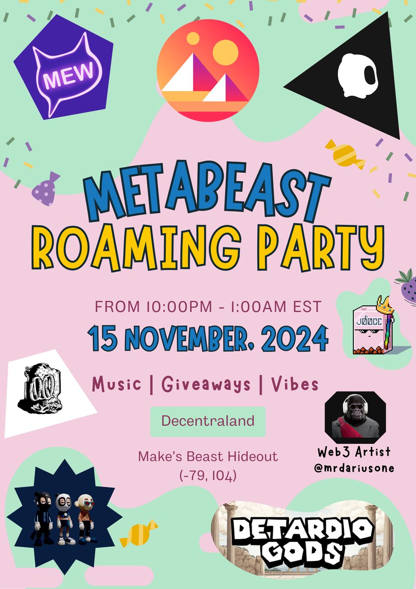 Pinchacho13's tweet photo. Pull up to the #MetaBeast Roaming Party! 🥳

We’re bringing the energy with an epic lineup you don’t want to miss:

Hosted by myself and the one and only @SinfulMeatStick! 🎤

@MAKEANFT is back, delivering the vibes! 🎶

Giveaways are locked and loaded! 🎁

Featured Guests:
🎵 @mrdariusone is joining as our Web3 Artist of the Week!

⚡️ @DetardioGods will speak about their project!

BEGINS TONIGHT @ 10PM EST

Join us in @decentraland or tune into the live stream on Twitch for your chance to win!

🎥 Twitch link below ⬇️