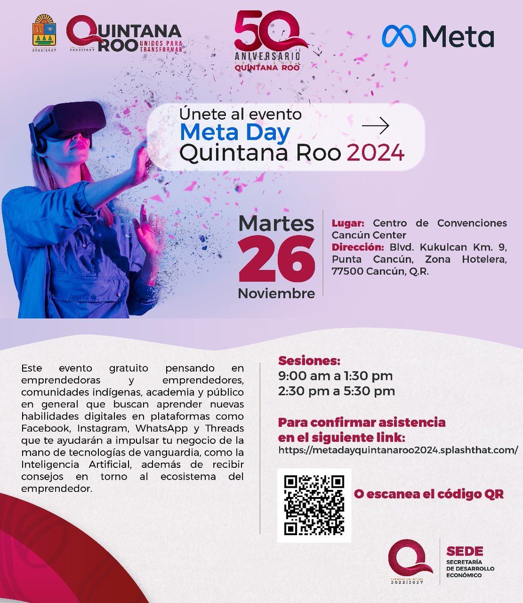 ¡Amigas emprendedoras de #QuintanaRoo! 💡✨ Las invito a participar en Meta Day Quintana Roo el 📆 26 de noviembre con dos horarios 9:00 a.m. o 2:00 p.m., un evento gratuito diseñado para actualizarse en marketing digital, tecnología e Inteligencia Artificial Generativa (GenAI) y
