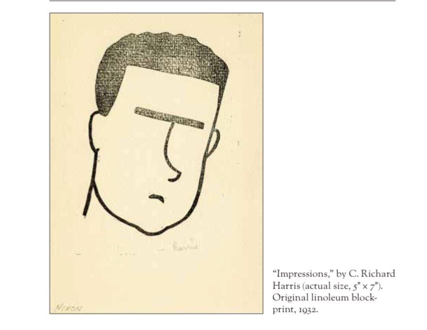 motherwasasaint's tweet image. Apparently this is the first caricature of Nixon ever published (it appeared in the Whittier College newspaper). Very fun
