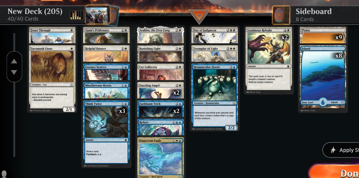 CommanderLegend's tweet photo. @Sierkovitz Decklist in arena as I’m not getting out of bed but also 3-0 at FNM in UW - almost made it out of pack 1 without a creature. Most notable thing was what I left in the side including 2 arcane epiphany and a terror. Deck felt great! https://t.co/IEok3x1tzD