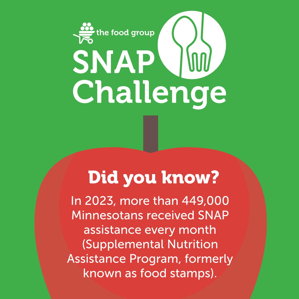 Hunger Solutions (@hungersolutions) on Twitter photo 🍎 SNAP has been one of the most effective programs in the fight against food insecurity. Consider raising awareness during our upcoming challenge from Nov. 25-27, 2024.
➡️ Learn more here: ow.ly/b6wl50U8m6z 
#StepUpForSNAP #TheFoodGroupMN 🍎 SNAP has been one of the most effective programs in the fight against food insecurity. Consider raising awareness during our upcoming challenge from Nov. 25-27, 2024.
➡️ Learn more here: ow.ly/b6wl50U8m6z 
#StepUpForSNAP #TheFoodGroupMN