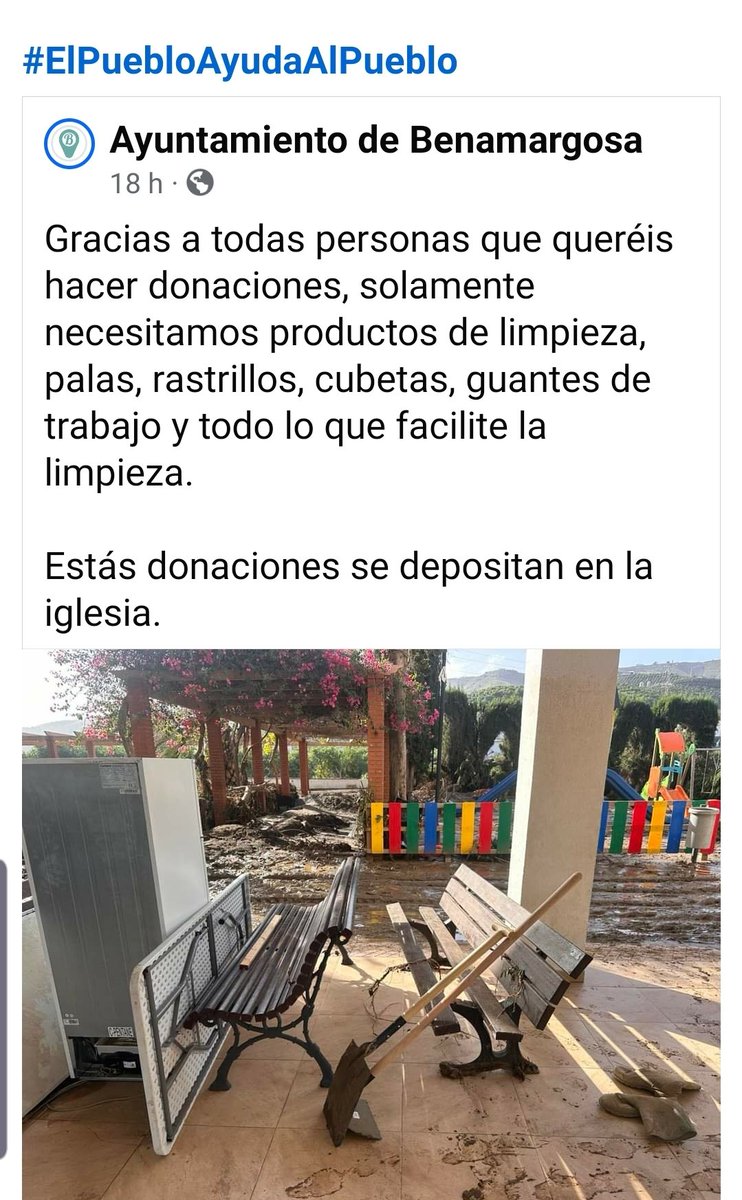 🔴El Pueblo ayuda al pueblo.
Ellos nos necesitan #benamargosa
en la #Axarquía de #Málaga, necesita VOLUNTARIOS para retirar lodo, limpiar, cuidar mayores, muebles.
esitan mucha ayuda tras las fuertes lluvias que lo han destrozado TODO 🙏