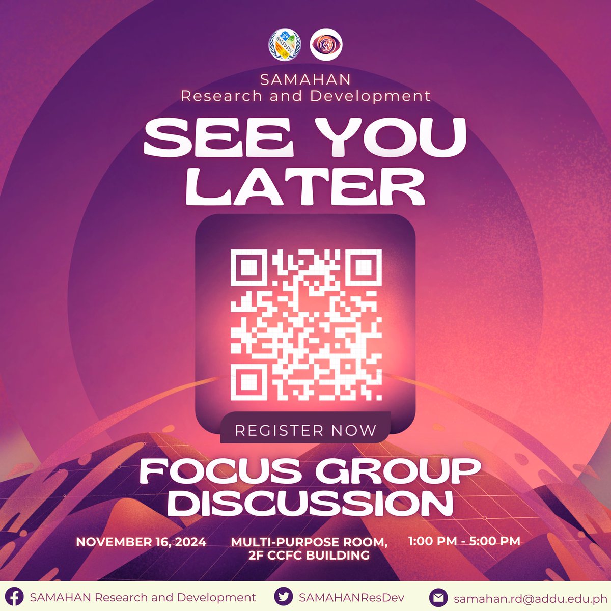 SAMAHANResDev's tweet image. 𝐓𝐎𝐃𝐀𝐘 𝐈𝐒 𝐓𝐇𝐄 𝐃𝐀𝐘, 𝐀𝐓𝐄𝐍𝐄𝐀𝐍𝐒!🤩

The SAMAHAN RND ViewFinder Summit is finally happening! See you at the 𝐌𝐮𝐥𝐭𝐢-𝐩𝐮𝐫𝐩𝐨𝐬𝐞 𝐫𝐨𝐨𝐦, 2𝐅 𝐂𝐂𝐅𝐂 𝐁𝐮𝐢𝐥𝐝𝐢𝐧𝐠 𝐟𝐫𝐨𝐦 1:00𝐩𝐦 𝐭𝐨 5:00 𝐩𝐦. 

#SAMAHANRND
#KnowOurPresent💜🧡
#AllForMore+