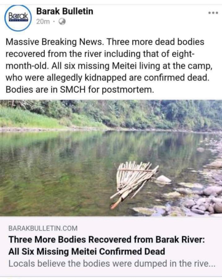 #JiribamUpdate
Three more dead bodies recovered from #Barak River.
 All six women and children abducted by #Kukimilitants from #Jiribam confirmed dead.
Bodies lying in #Silchar Medical hospital, according to Barak bulletin