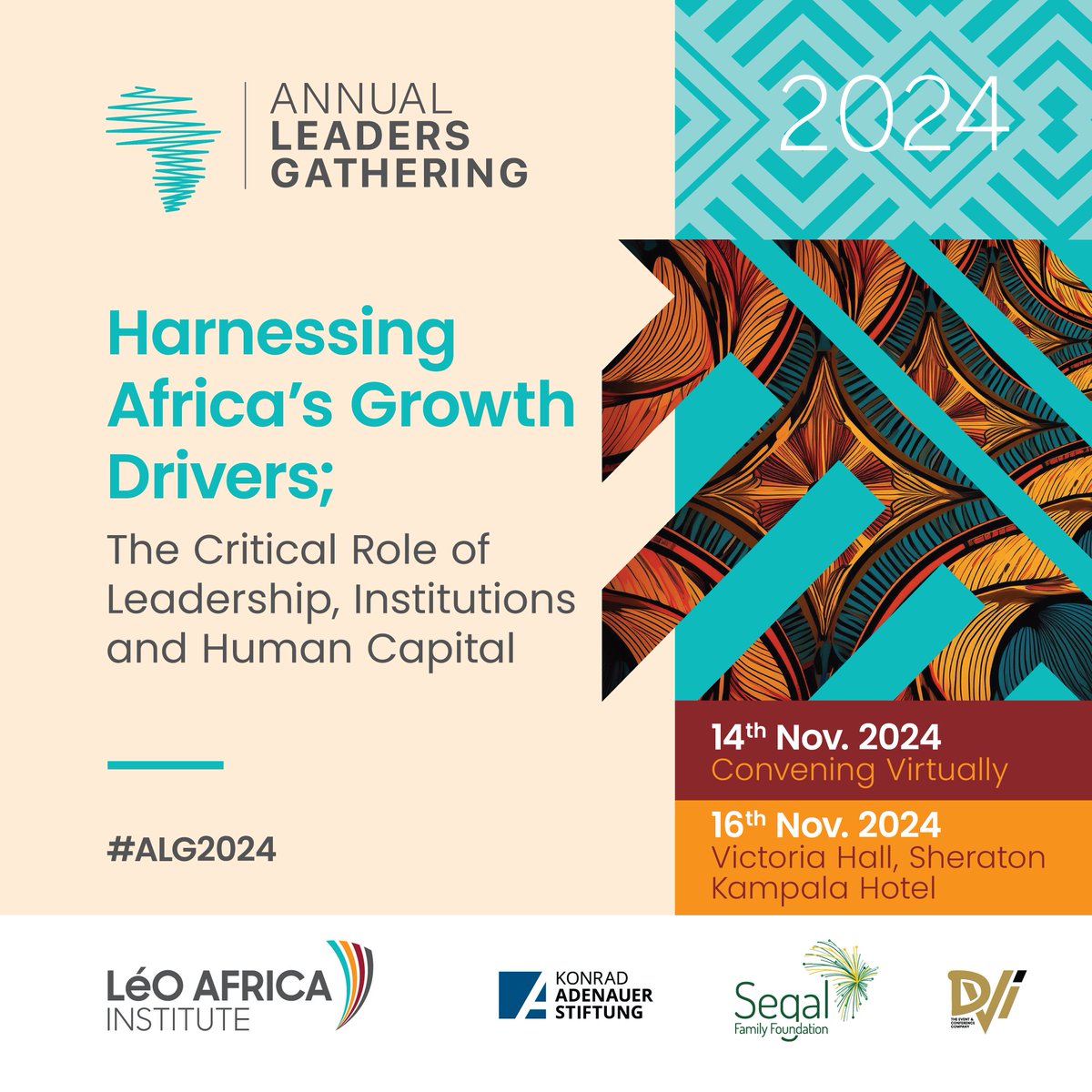 Welcome to day two (physical convening)of the #ALG2024! 

Our network, partners, and guests will convene at Sheraton hotel to discuss how to harness Africa's growth drivers and interrogate the critical role played by leadership, institutions, and human capital.

<a href="/KasUganda/">KAS Uganda & S.Sudan</a>