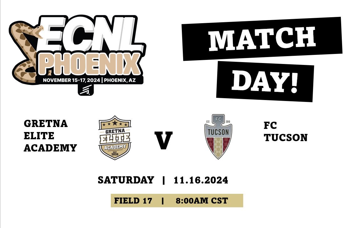 It’s sunrise ☀️soccer ⚽️  tomorrow for day ✌️in the desert. Come join us!  

🏜️Field 17
🌵8:00am
🔥 See you there

<a href="/ECNLboys/">ECNL Boys</a> <a href="/GEA_ECNL/">Gretna Elite Academy ECNL</a> 
#ECNLPHX #leadersplayhere